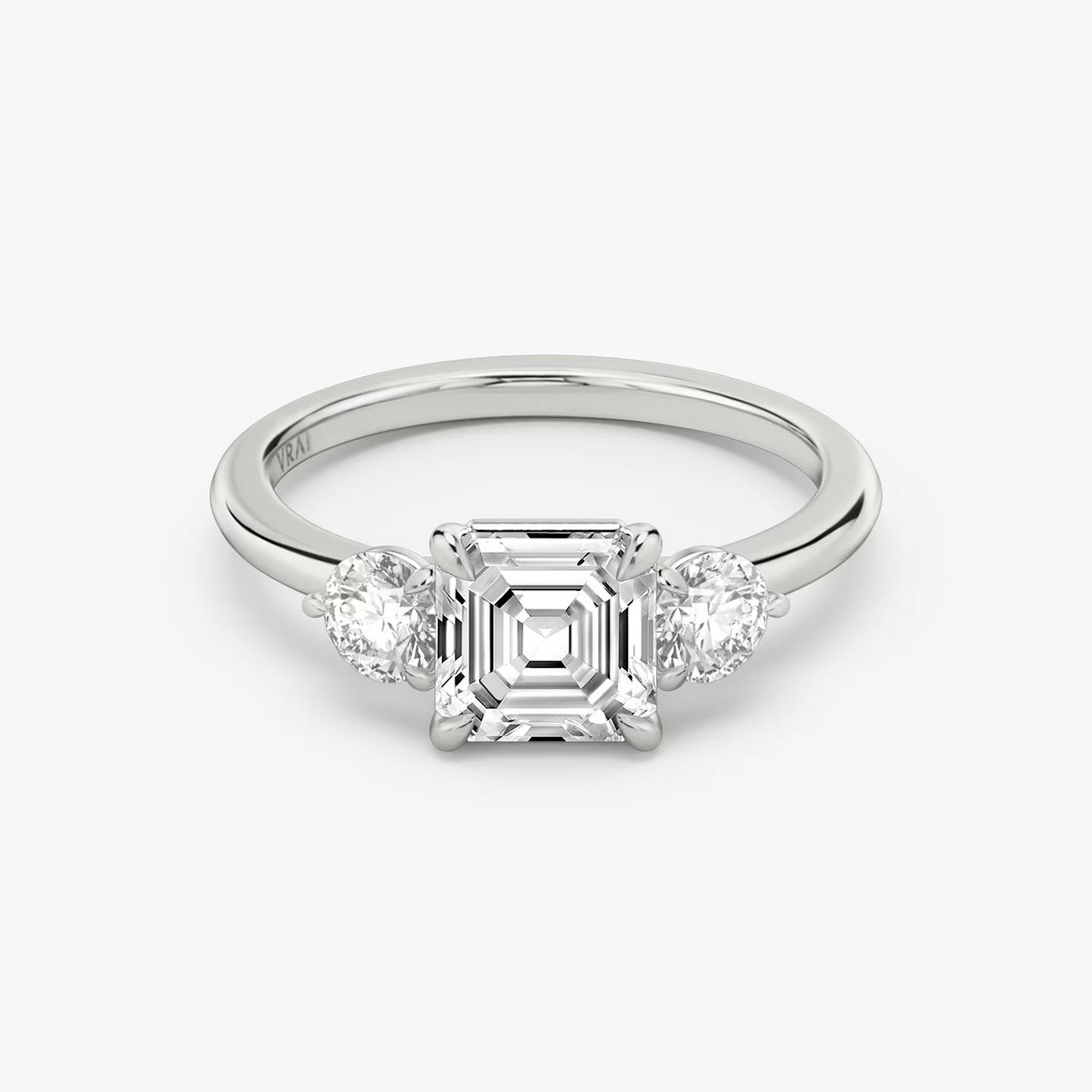 The Three Stone | Asscher | 18k | 18k White Gold | Band: Plain | Side stone carat: 1/4 | Side stone shape: Round Brilliant | Diamond orientation: vertical | Carat weight: See full inventory